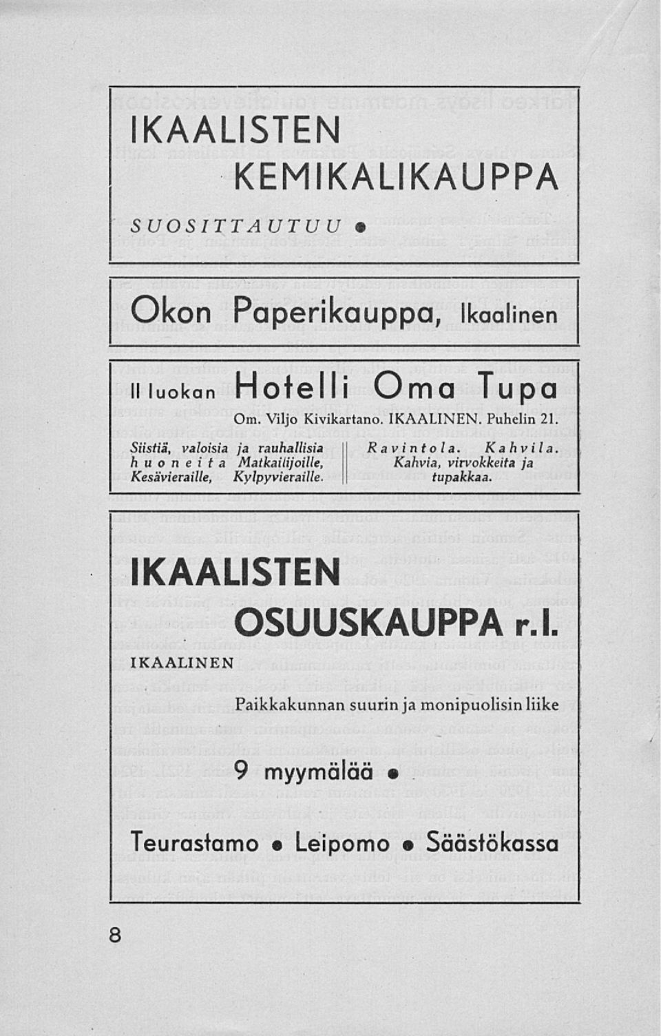 Viljo Kivikartano. IKAALINEN. Puhelin 21. Ravintola. Kahvila. Kahvia, virvokkeita ja tupakkaa.