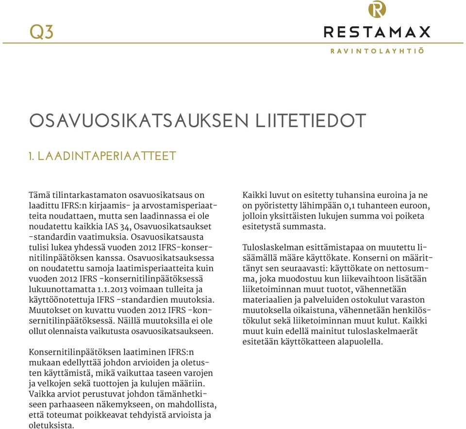 Osavuosikatsaukset -standardin vaatimuksia. Osavuosikatsausta tulisi lukea yhdessä vuoden 2012 IFRS-konsernitilinpäätöksen kanssa.