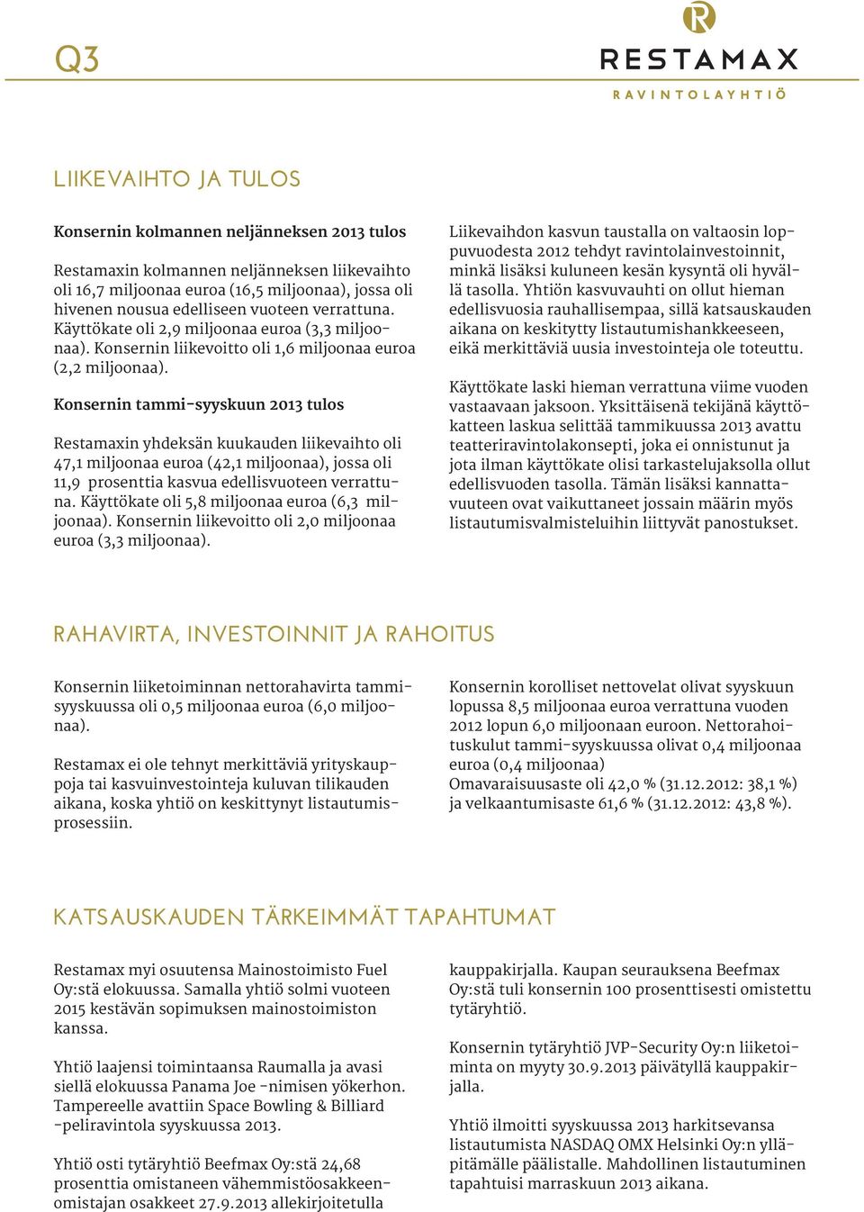 Konsernin tammi-syyskuun 2013 tulos Restamaxin yhdeksän kuukauden liikevaihto oli 47,1 miljoonaa euroa (42,1 miljoonaa), jossa oli 11,9 prosenttia kasvua edellisvuoteen verrattuna.