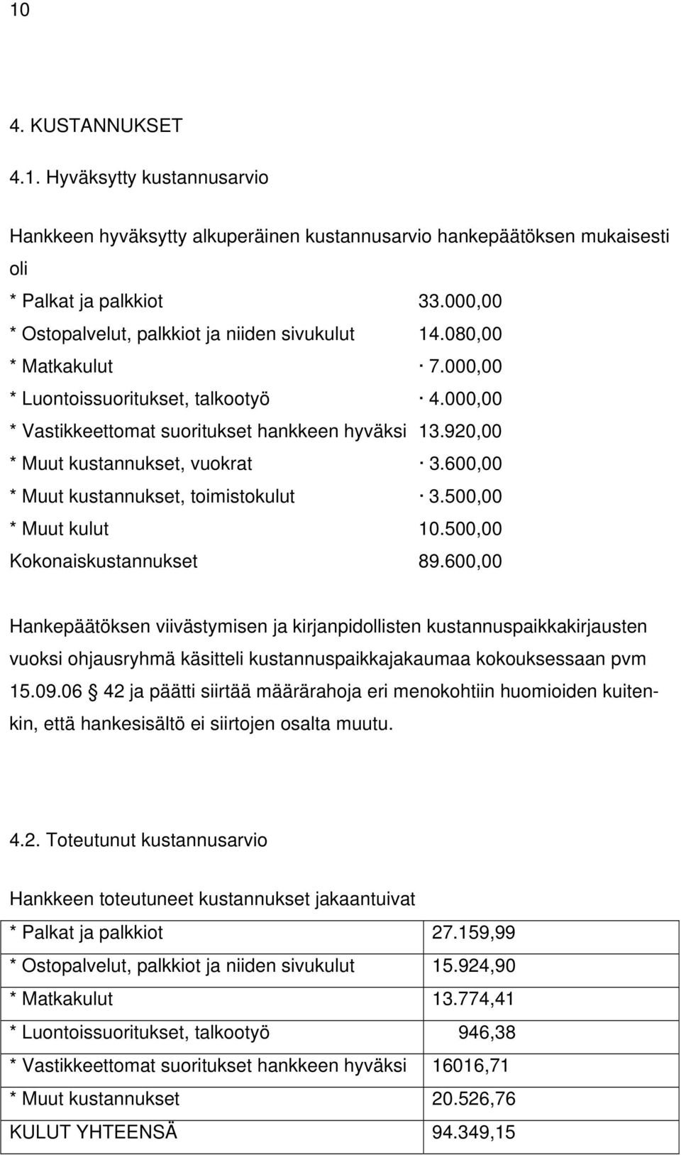 920,00 * Muut kustannukset, vuokrat 3.600,00 * Muut kustannukset, toimistokulut 3.500,00 * Muut kulut 10.500,00 Kokonaiskustannukset 89.