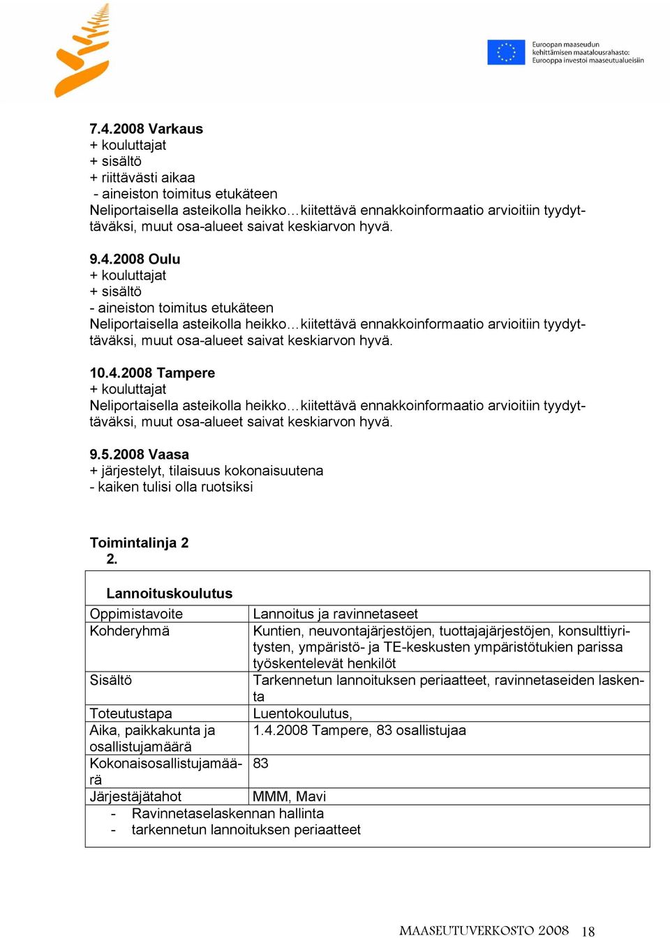 2008 Oulu + kouluttajat + sisältö - aineiston toimitus etukäteen Neliportaisella asteikolla heikko kiitettävä ennakkoinformaatio arvioitiin tyydyttäväksi, muut osa-alueet saivat keskiarvon hyvä. 10.4.