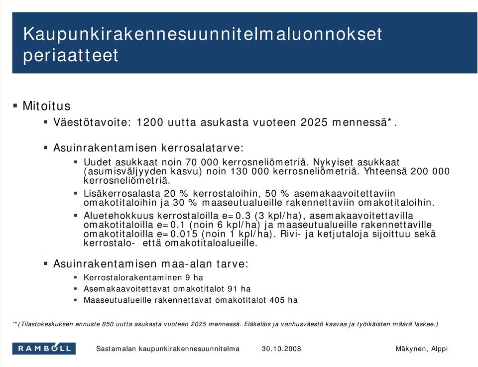 Lisäkerrosalasta 20 % kerrostaloihin, 50 % asemakaavoitettaviin omakotitaloihin ja 30 % maaseutualueille rakennettaviin omakotitaloihin. Aluetehokkuus kerrostaloilla e=0.