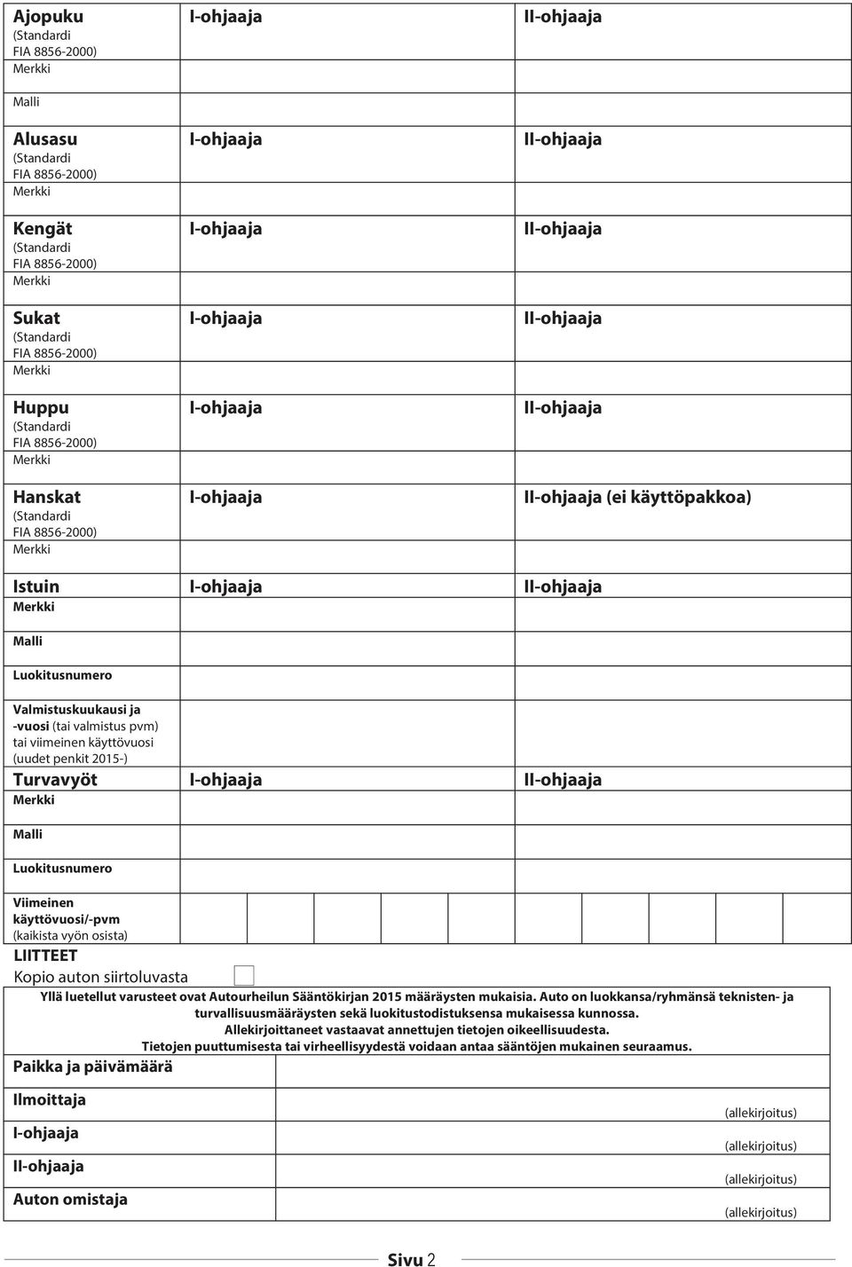 varusteet ovat Autourheilun Sääntökirjan 2015 määräysten mukaisia. Auto on luokkansa/ryhmänsä teknisten- ja turvallisuusmääräysten sekä luokitustodistuksensa mukaisessa kunnossa.