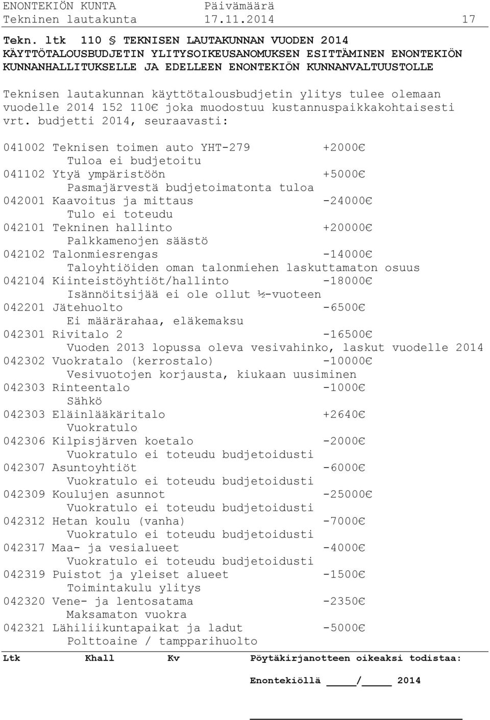 käyttötalousbudjetin ylitys tulee olemaan vuodelle 2014 152 110 joka muodostuu kustannuspaikkakohtaisesti vrt.