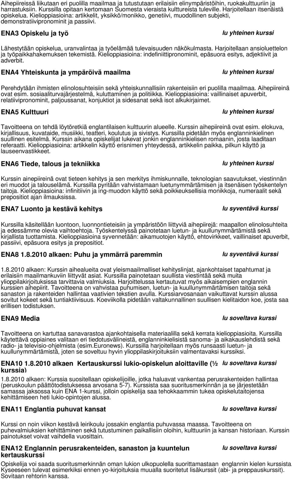 ENA3 Opiskelu ja työ Lähestytään opiskelua, uranvalintaa ja työelämää tulevaisuuden näkökulmasta. Harjoitellaan ansioluettelon ja työpaikkahakemuksen tekemistä.