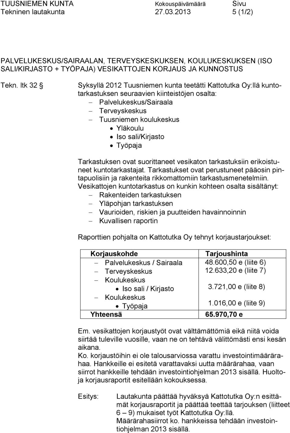 sali/kirjasto Työpaja Tarkastuksen ovat suorittaneet vesikaton tarkastuksiin erikoistuneet kuntotarkastajat.