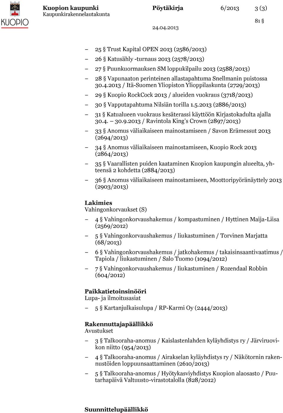 2013 (2886/2013) 31 Katualueen vuokraus kesäterassi käyttöön Kirjastokadulta ajalla 30.4. 30.9.