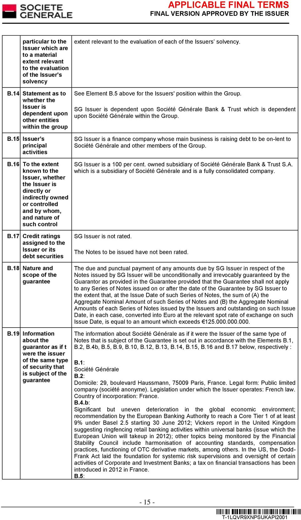 17 Credit ratings assigned to the Issuer or its debt securities B.18 Nature and scope of the guarantee B.