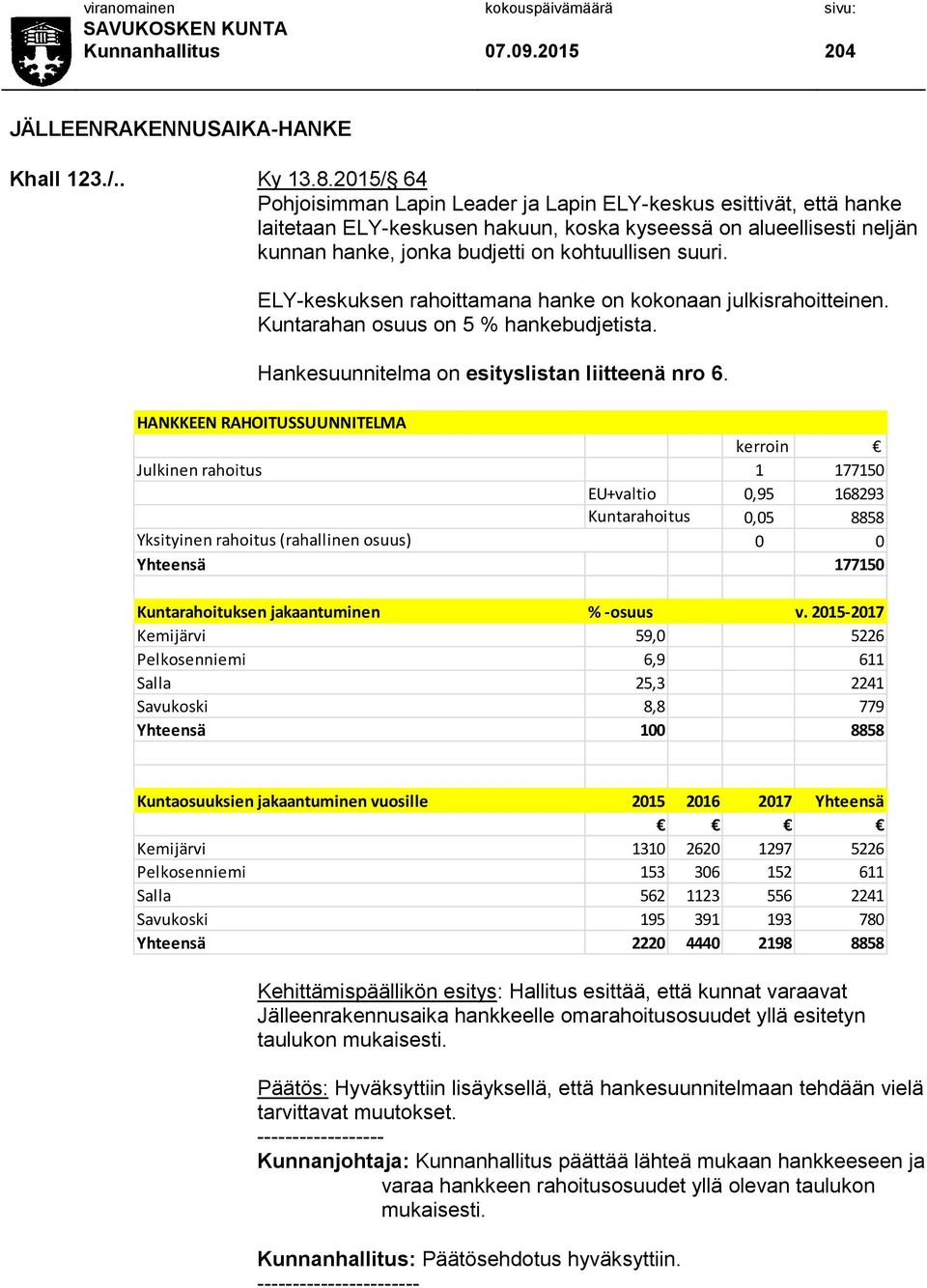 ELY-keskuksen rahoittamana hanke on kokonaan julkisrahoitteinen. Kuntarahan osuus on 5 % hankebudjetista. Hankesuunnitelma on esityslistan liitteenä nro 6.