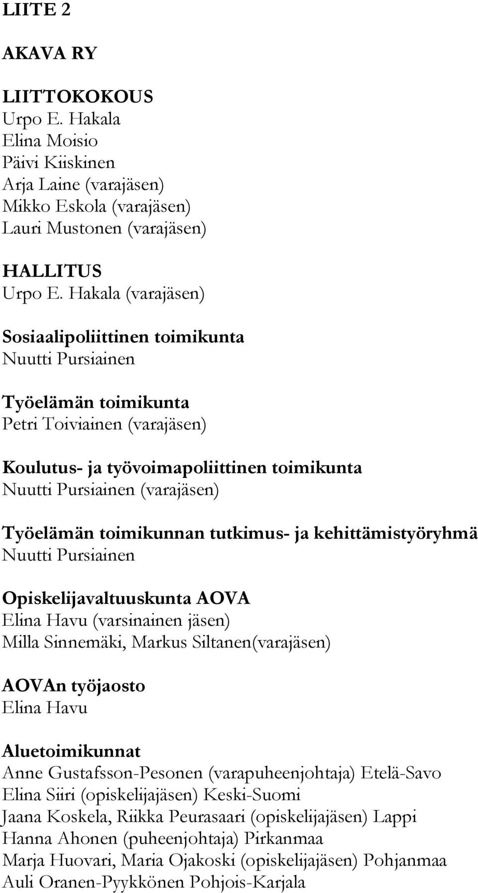 Työelämän toimikunnan tutkimus- ja kehittämistyöryhmä Nuutti Pursiainen Opiskelijavaltuuskunta AOVA Elina Havu (varsinainen jäsen) Milla Sinnemäki, Markus Siltanen(varajäsen) AOVAn työjaosto Elina