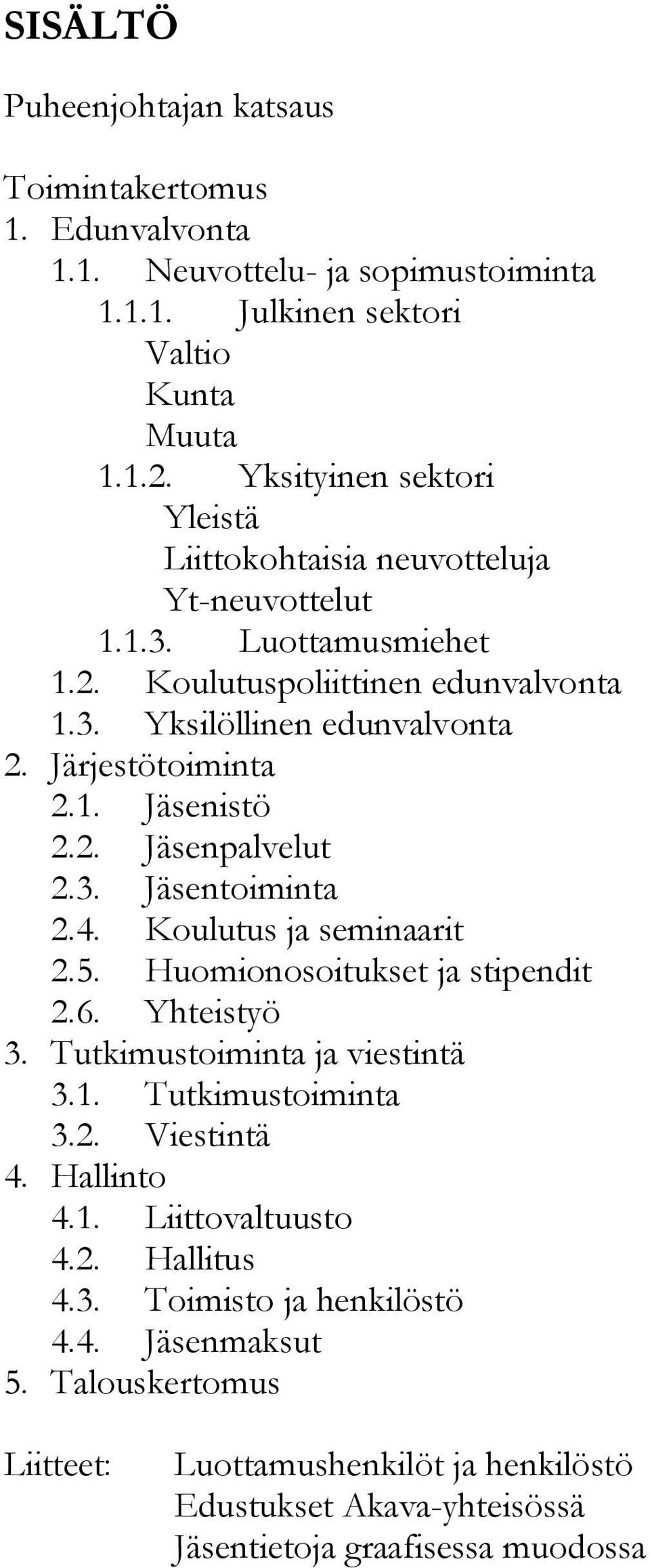 2. Jäsenpalvelut 2.3. Jäsentoiminta 2.4. Koulutus ja seminaarit 2.5. Huomionosoitukset ja stipendit 2.6. Yhteistyö 3. Tutkimustoiminta ja viestintä 3.1. Tutkimustoiminta 3.2. Viestintä 4.