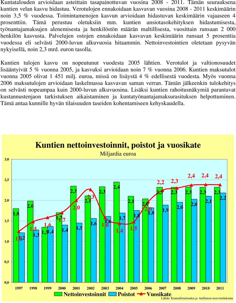 kuntien ansiotasokehityksen hidastumisesta, työnantajamaksujen alenemisesta ja henkilöstön määrän maltillisesta, vuosittain runsaan 2 000 henkilön kasvusta.