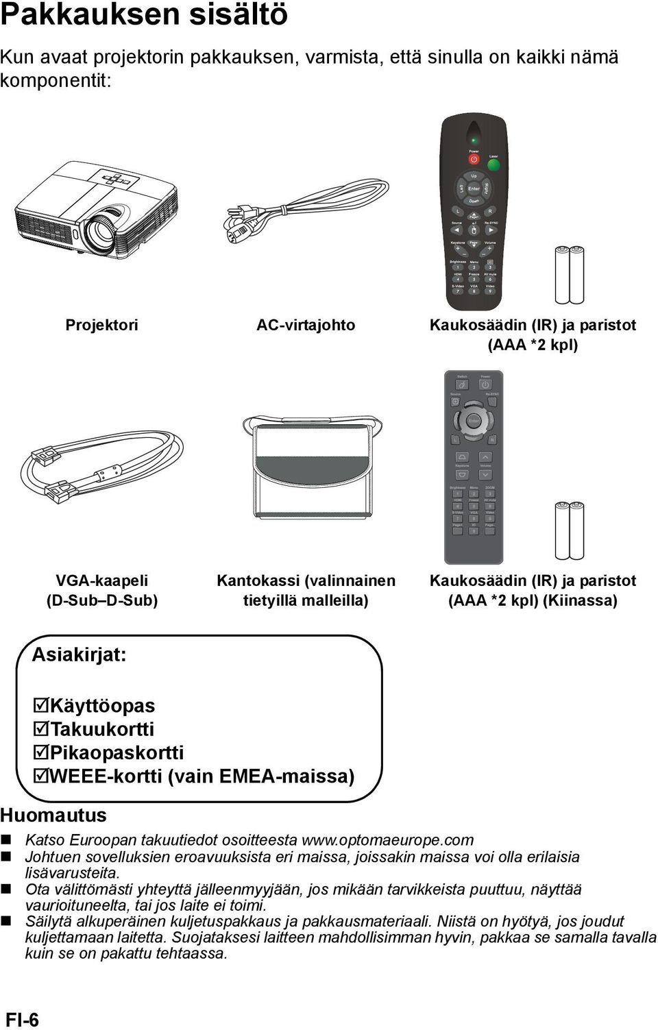 Euroopan takuutiedot osoitteesta www.optomaeurope.com Johtuen sovelluksien eroavuuksista eri maissa, joissakin maissa voi olla erilaisia lisävarusteita.