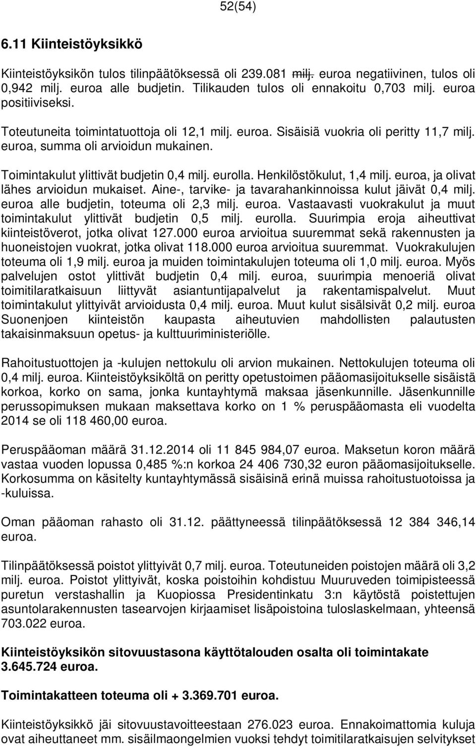 eurolla. Henkilöstökulut, 1,4 milj. euroa, ja olivat lähes arvioidun mukaiset. Aine-, tarvike- ja tavarahankinnoissa kulut jäivät 0,4 milj. euroa alle budjetin, toteuma oli 2,3 milj. euroa. Vastaavasti vuokrakulut ja muut toimintakulut ylittivät budjetin 0,5 milj.