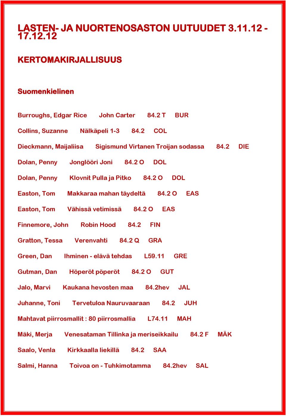 2 O EAS Easton, Tom Vähissä vetimissä 84.2 O EAS Finnemore, John Robin Hood 84.2 FIN Gratton, Tessa Verenvahti 84.2 Q GRA Green, Dan Ihminen - elävä tehdas L59.11 GRE Gutman, Dan Höperöt pöperöt 84.