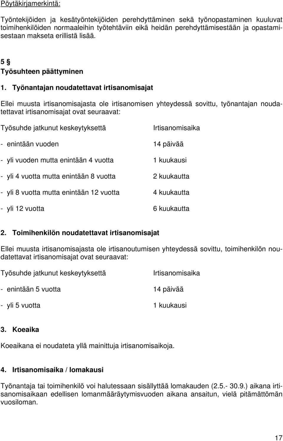 Työnantajan noudatettavat irtisanomisajat Ellei muusta irtisanomisajasta ole irtisanomisen yhteydessä sovittu, työnantajan noudatettavat irtisanomisajat ovat seuraavat: Työsuhde jatkunut