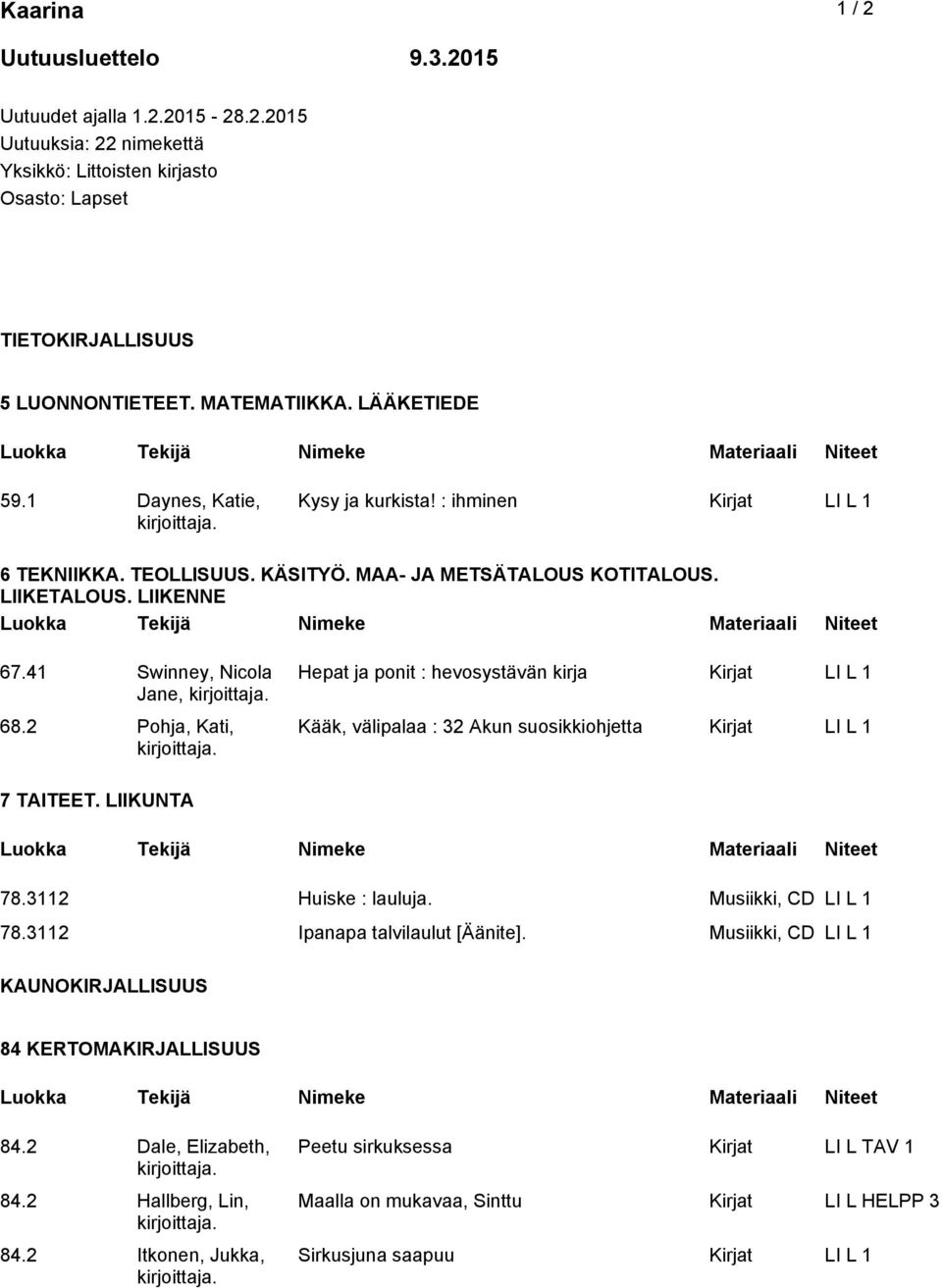 2 Pohja, Kati, Hepat ja ponit : hevosystävän kirja Kirjat LI L 1 Kääk, välipalaa : 32 Akun suosikkiohjetta Kirjat LI L 1 7 TAITEET. LIIKUNTA 78.3112 Huiske : lauluja.