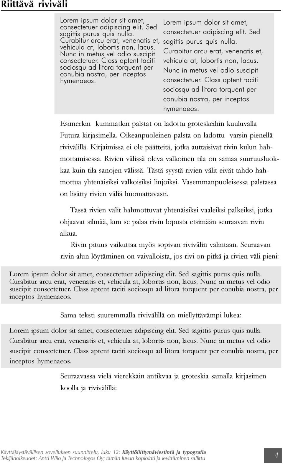 Esimerkin kummatkin palstat on ladottu groteskeihin kuuluvalla Futura-kirjasimella. Oikeanpuoleinen palsta on ladottu varsin pienellä rivivälillä.