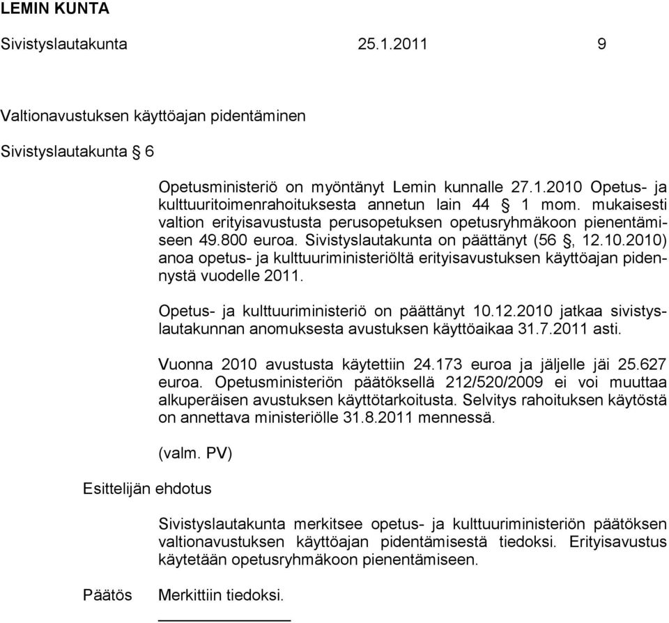 2010) anoa opetus- ja kulttuuriministeriöltä erityisavustuksen käyttöajan pidennystä vuodelle 2011. Opetus- ja kulttuuriministeriö on päättänyt 10.12.