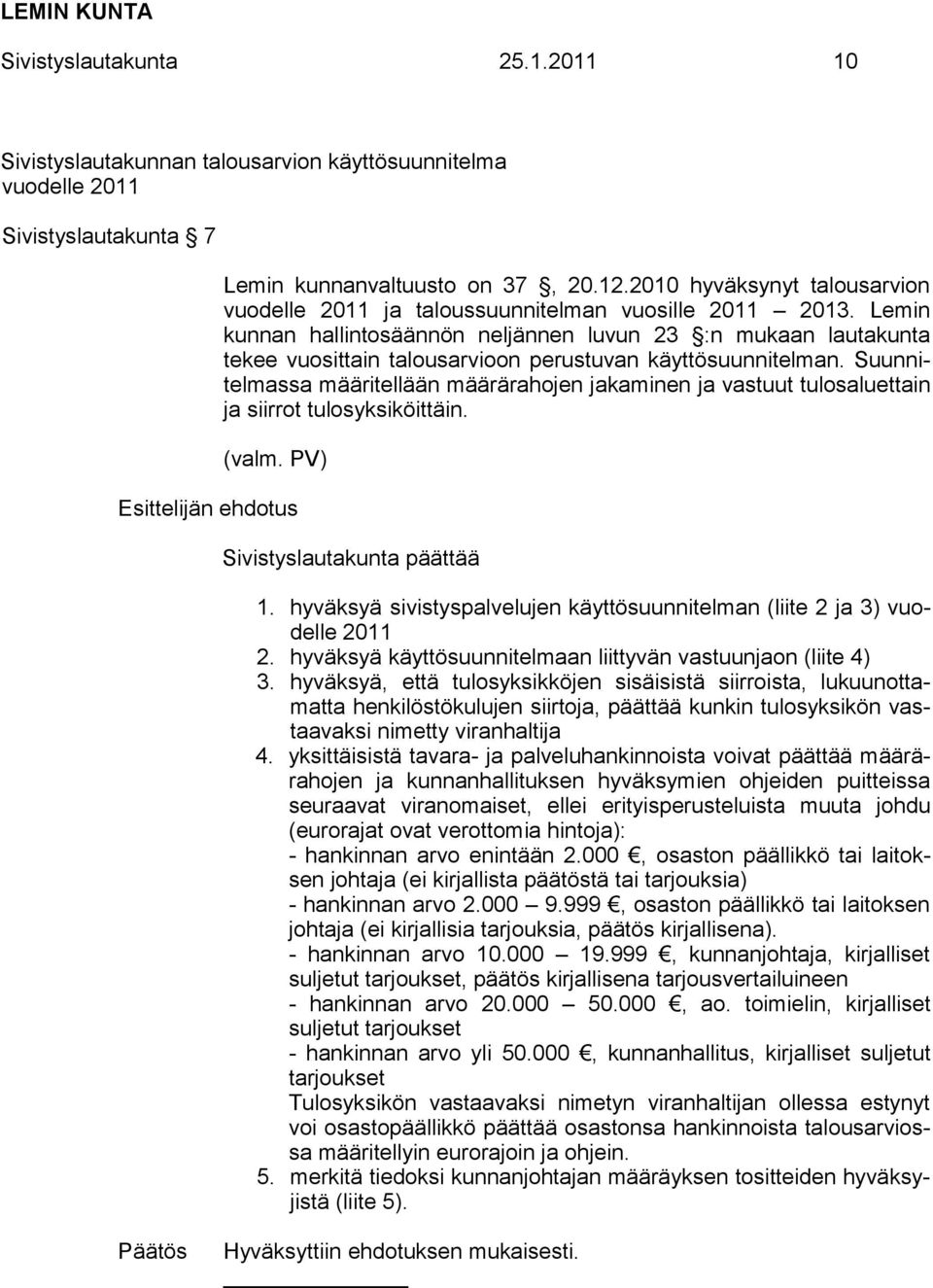 Lemin kunnan hallintosäännön neljännen luvun 23 :n mukaan lautakunta tekee vuosittain talousarvioon perustuvan käyttösuunnitelman.