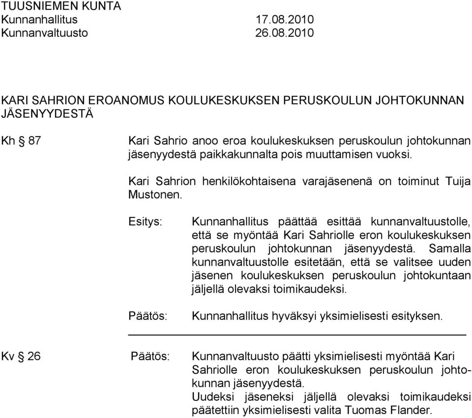 Kari Sahrion henkilökohtaisena varajäsenenä on toiminut Tuija Mustonen.
