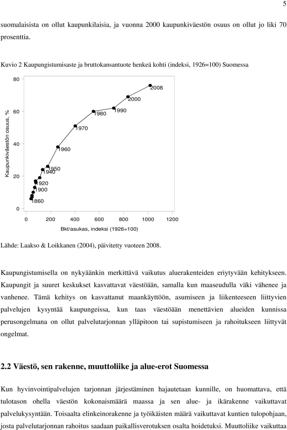 800 1000 1200 Bkt/asukas, indeksi (1926=100) Lähde: Laakso & Loikkanen (2004), päivitetty vuoteen 2008. Kaupungistumisella on nykyäänkin merkittävä vaikutus aluerakenteiden eriytyvään kehitykseen.