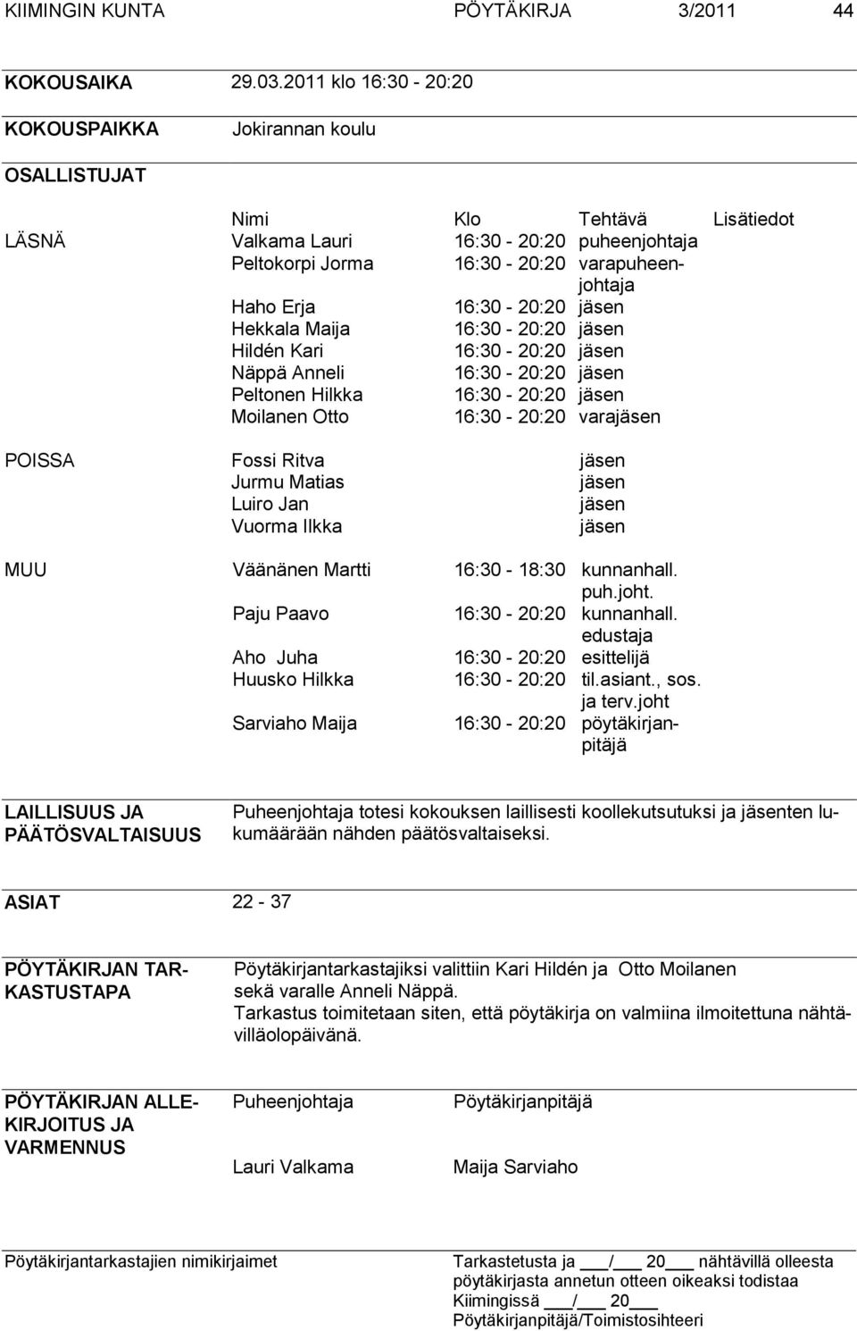 16:30-20:20 jäsen Hekkala Maija 16:30-20:20 jäsen Hildén Kari 16:30-20:20 jäsen Näppä Anneli 16:30-20:20 jäsen Peltonen Hilkka 16:30-20:20 jäsen Moilanen Otto 16:30-20:20 varajäsen POISSA Fossi Ritva