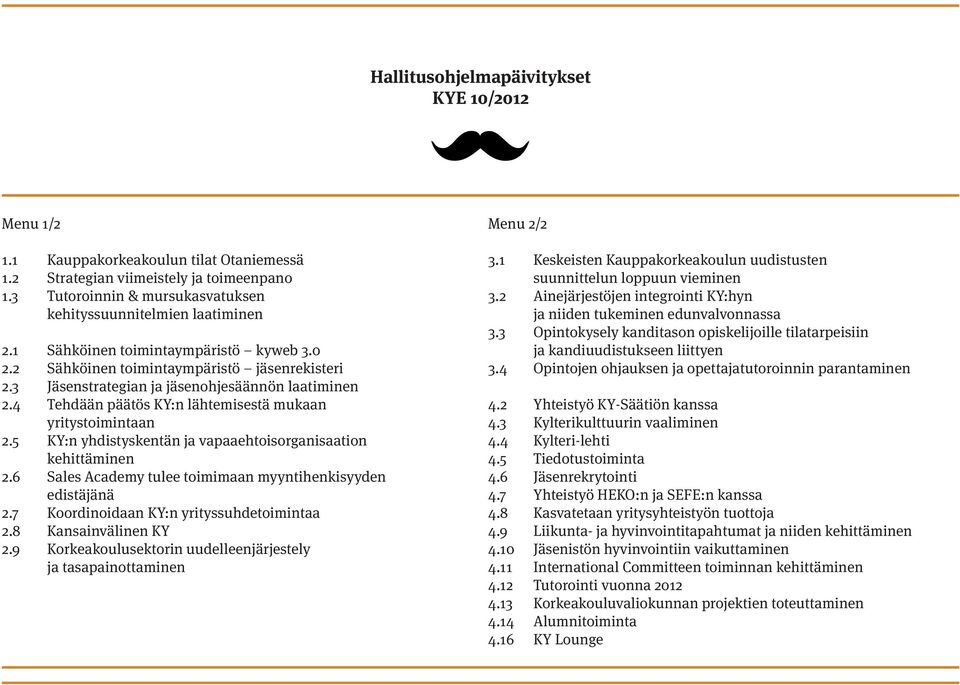 4 Tehdään päätös KY:n lähtemisestä mukaan yritystoimintaan 2.5 KY:n yhdistyskentän ja vapaaehtoisorganisaation kehittäminen 2.6 Sales Academy tulee toimimaan myyntihenkisyyden edistäjänä 2.