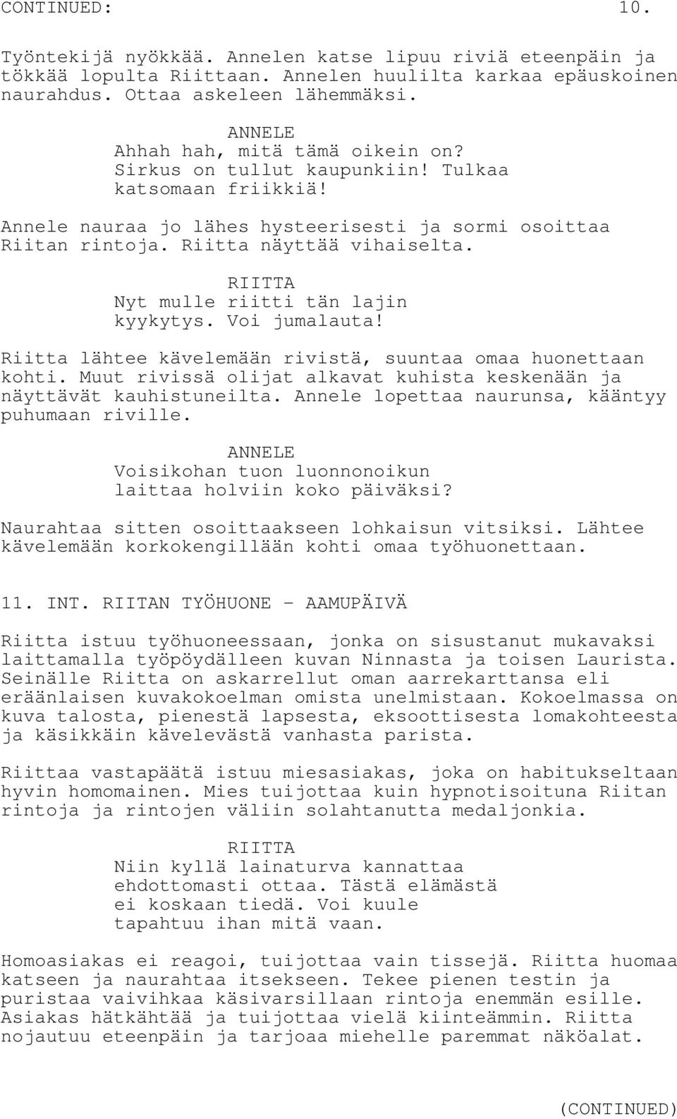 Nyt mulle riitti tän lajin kyykytys. Voi jumalauta! Riitta lähtee kävelemään rivistä, suuntaa omaa huonettaan kohti. Muut rivissä olijat alkavat kuhista keskenään ja näyttävät kauhistuneilta.