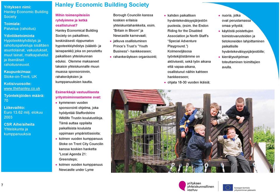 Hanley Economical Building Britain in Bloom ja Society on paikallinen, Newcastle karnevaali; keskinäisesti riippumaton jatkuva osallistuminen hypoteekkiyhdistys (säästö- ja Prince s Trust s Youth