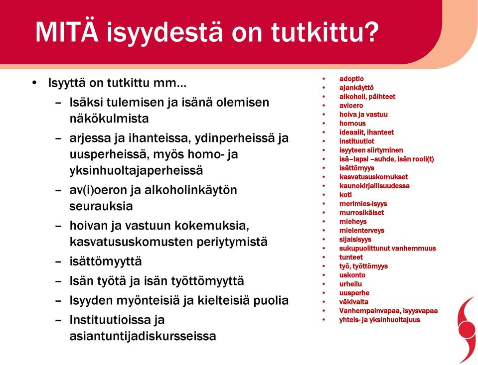 seurauksia hoivan ja vastuun kokemuksia, kasvatususkomusten periytymistä isättömyyttä Isän työtä ja isän työttömyyttä Isyyden myönteisiä ja kielteisiä puolia Instituutioissa ja
