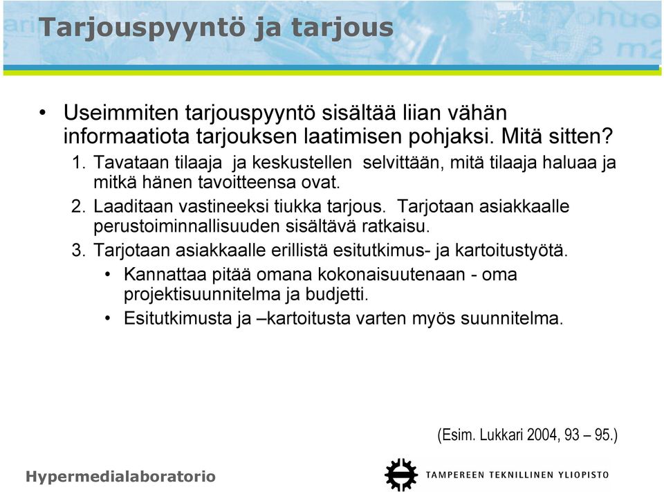 Tarjotaan asiakkaalle perustoiminnallisuuden sisältävä ratkaisu. 3. Tarjotaan asiakkaalle erillistä esitutkimus- ja kartoitustyötä.