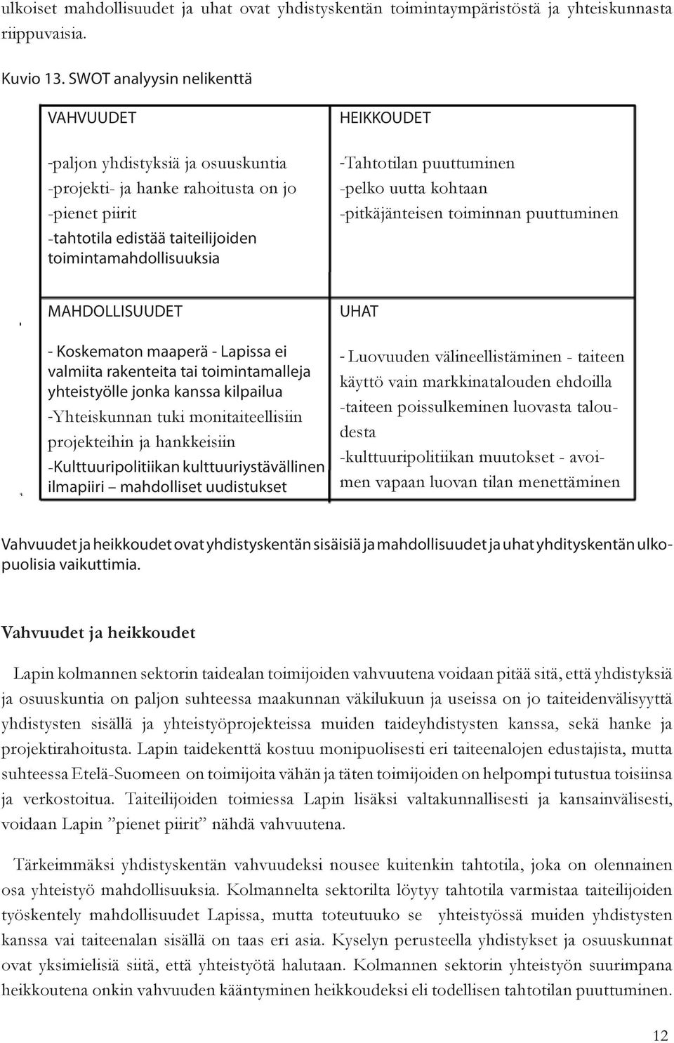 -Tahtotilan puuttuminen -pelko uutta kohtaan -pitkäjänteisen toiminnan puuttuminen MAHDOLLISUUDET - Koskematon maaperä - Lapissa ei valmiita rakenteita tai toimintamalleja yhteistyölle jonka kanssa