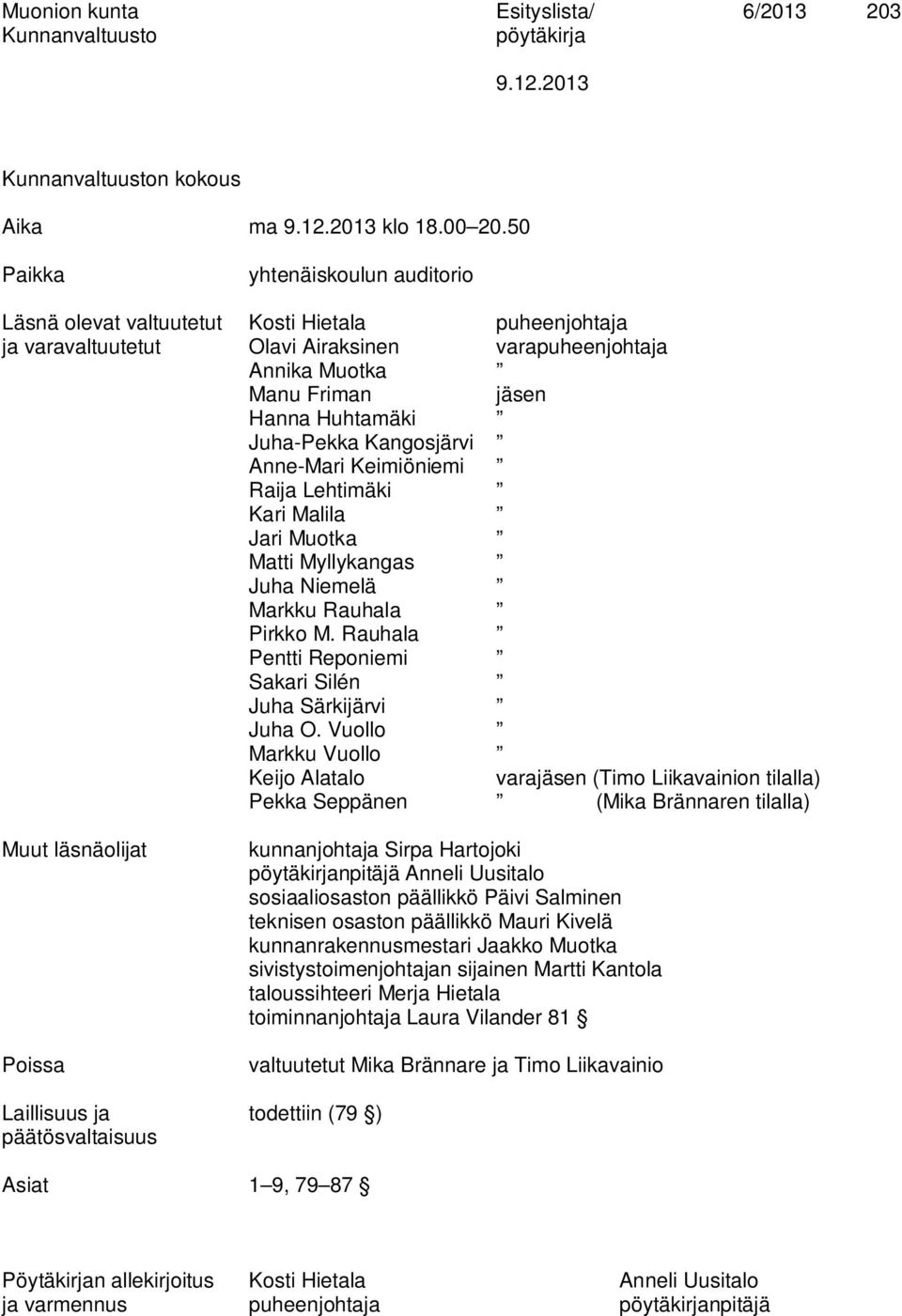 Juha-Pekka Kangosjärvi Anne-Mari Keimiöniemi Raija Lehtimäki Kari Malila Jari Muotka Matti Myllykangas Juha Niemelä Markku Rauhala Pirkko M.