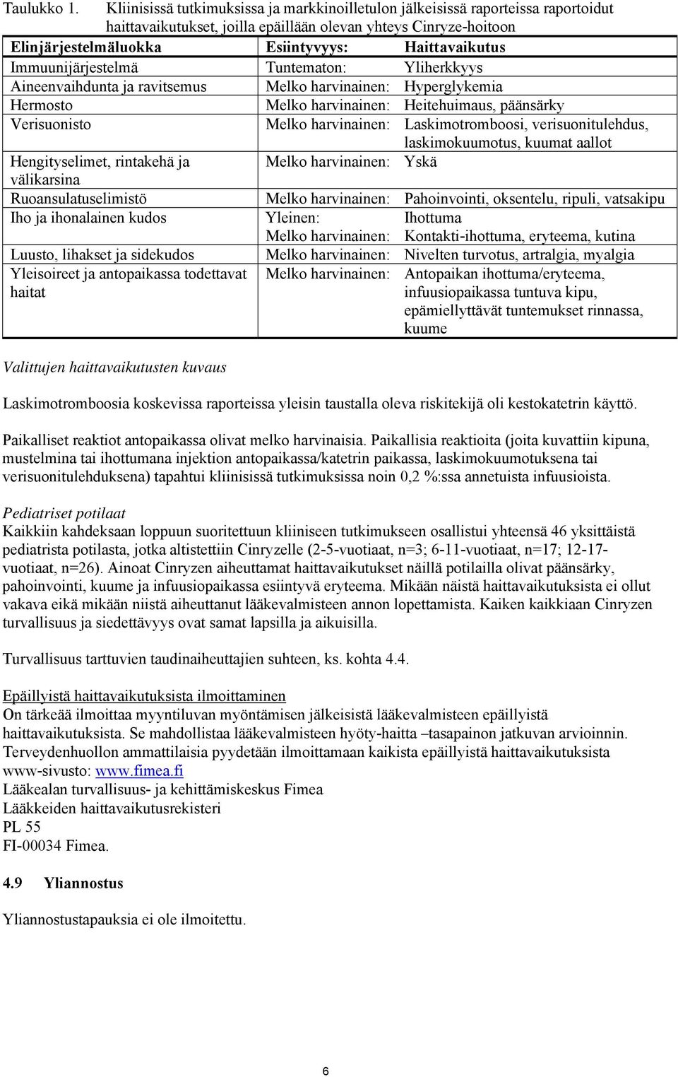 Immuunijärjestelmä Tuntematon: Yliherkkyys Aineenvaihdunta ja ravitsemus Melko harvinainen: Hyperglykemia Hermosto Melko harvinainen: Heitehuimaus, päänsärky Verisuonisto Melko harvinainen: