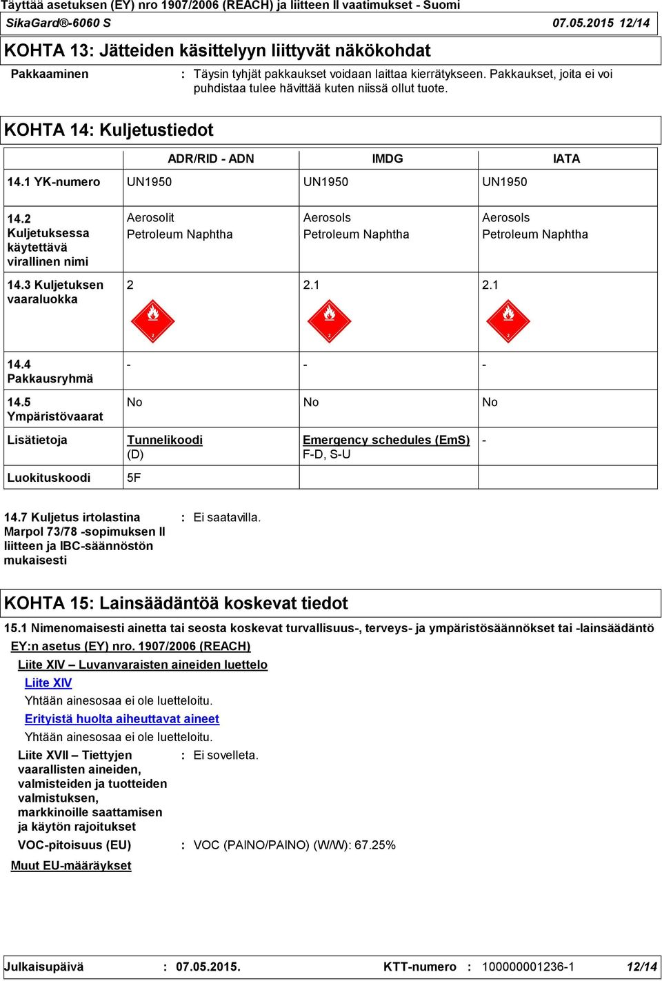 2 Kuljetuksessa käytettävä virallinen nimi Aerosolit Aerosols Aerosols Petroleum Naphtha Petroleum Naphtha Petroleum Naphtha 14.3 Kuljetuksen vaaraluokka 2 2.1 2.1 14.4 Pakkausryhmä - - - 14.