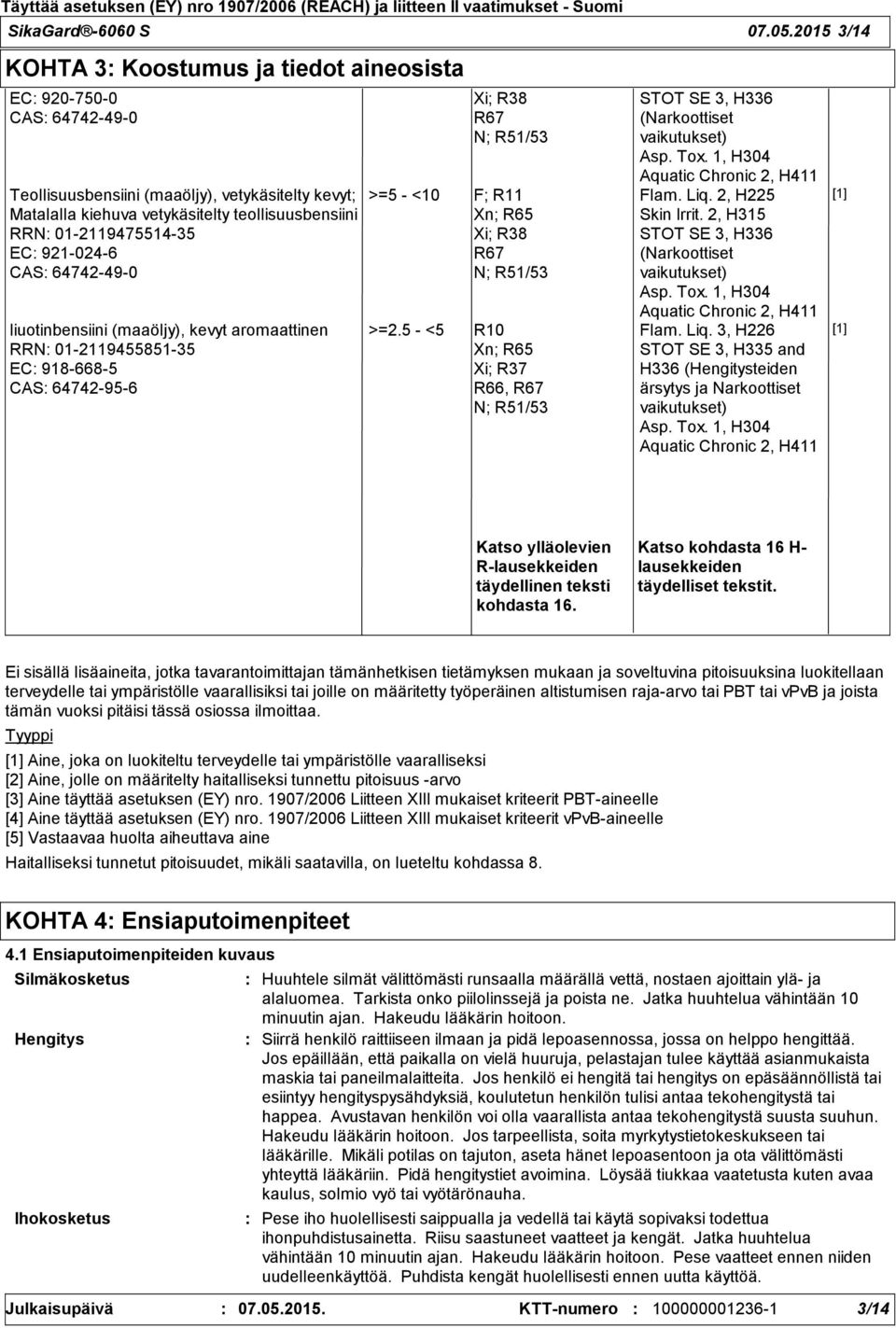 EC 921-024-6 CAS 64742-49-0 liuotinbensiini (maaöljy), kevyt aromaattinen RRN 01-2119455851-35 EC 918-668-5 CAS 64742-95-6 Xi; R38 R67 N; R51/53 >=5 - <10 F; R11 Xn; R65 Xi; R38 R67 N; R51/53 >=2.