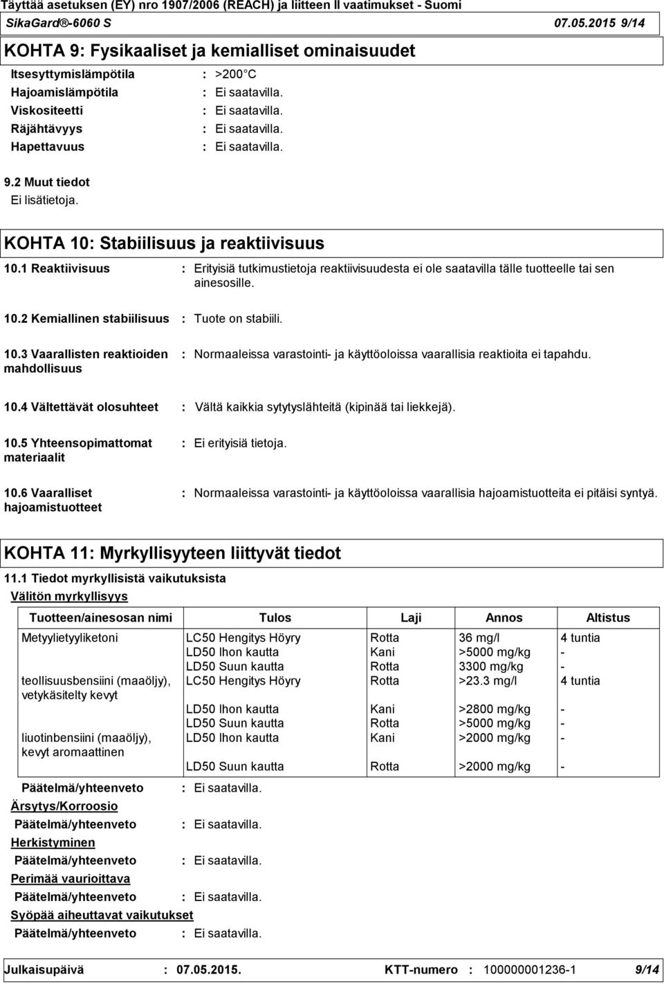 10.3 Vaarallisten reaktioiden mahdollisuus Normaaleissa varastointi- ja käyttöoloissa vaarallisia reaktioita ei tapahdu. 10.