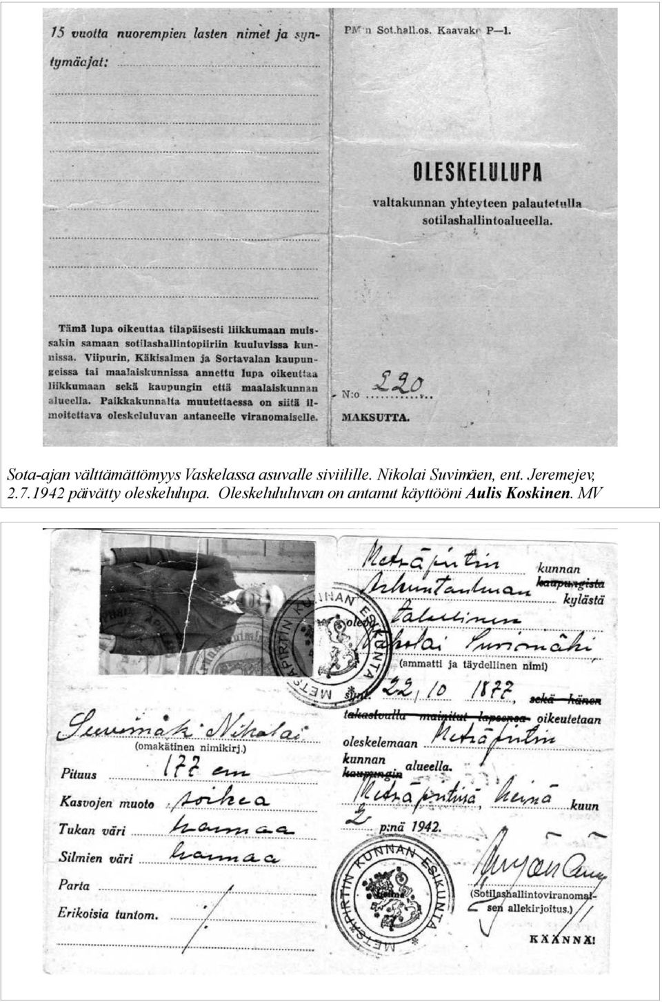 Jeremejev, 2.7.1942 päivätty oleskelulupa.