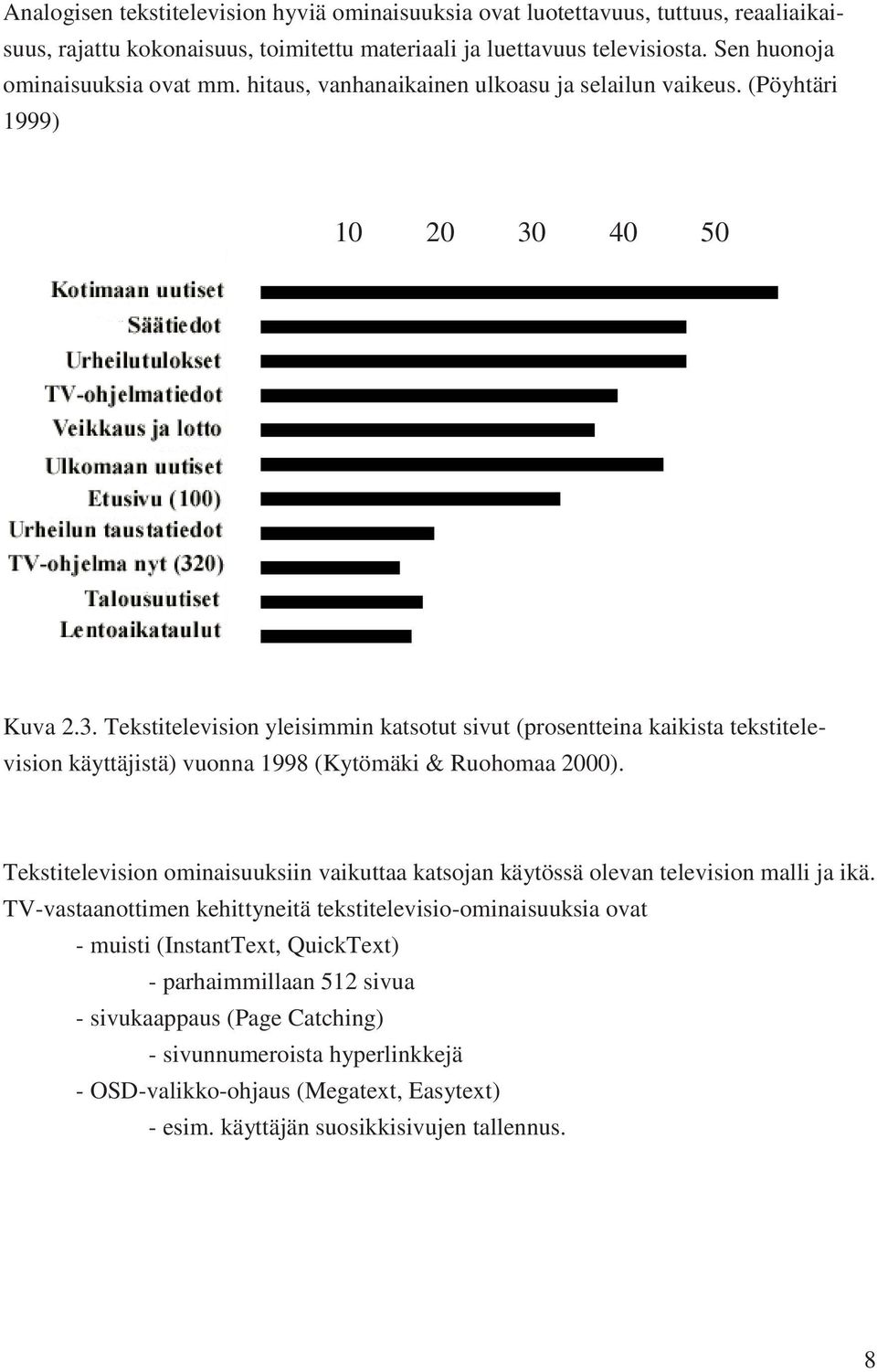 40 50 Kuva 2.3. Tekstitelevision yleisimmin katsotut sivut (prosentteina kaikista tekstitelevision käyttäjistä) vuonna 1998 (Kytömäki & Ruohomaa 2000).