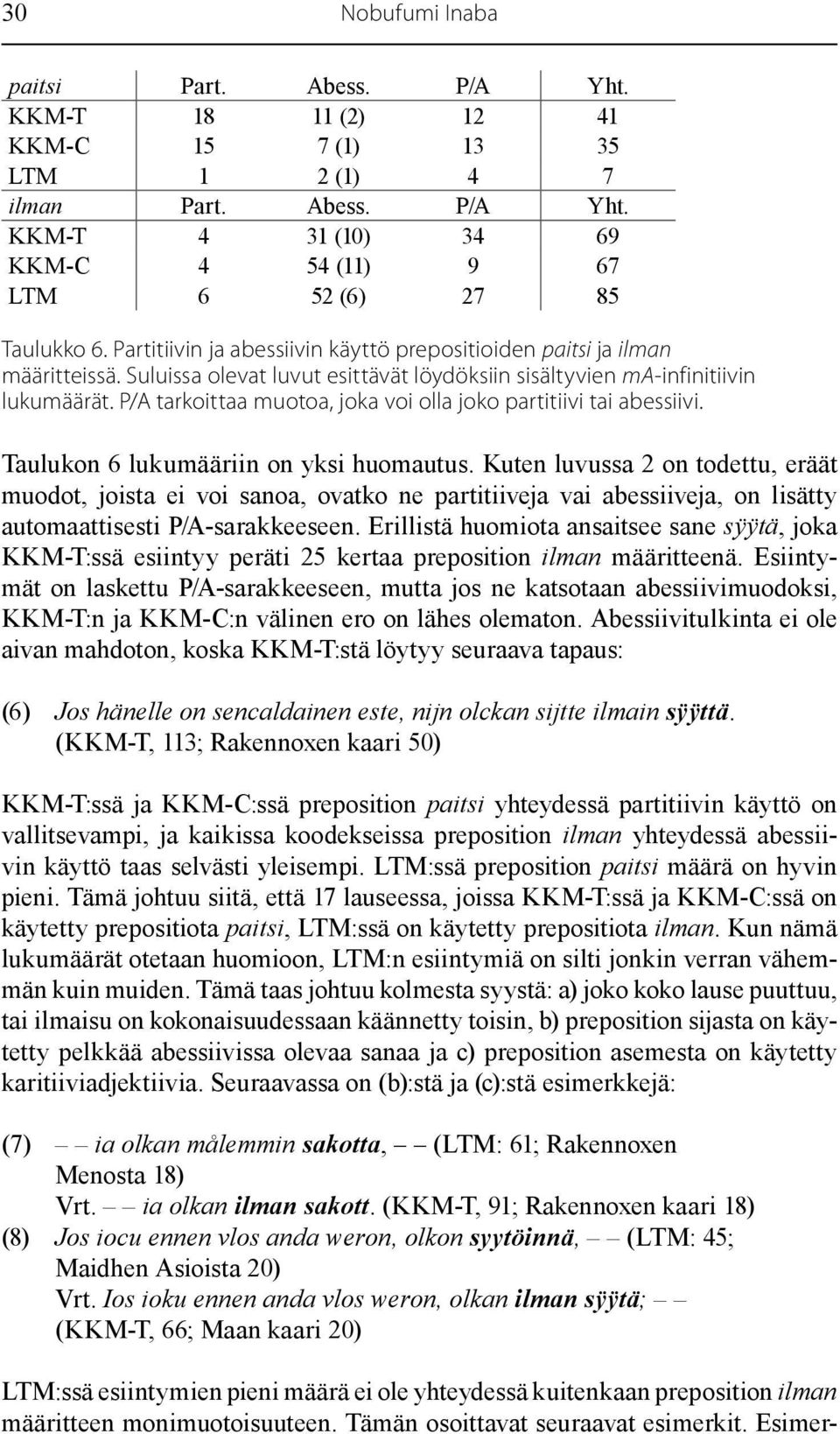 Partitiivin ja abessiivin käyttö prepositioiden paitsi ja ilman määritteissä. Suluissa olevat luvut esittävät löydöksiin sisältyvien ma-infinitiivin lukumäärät.