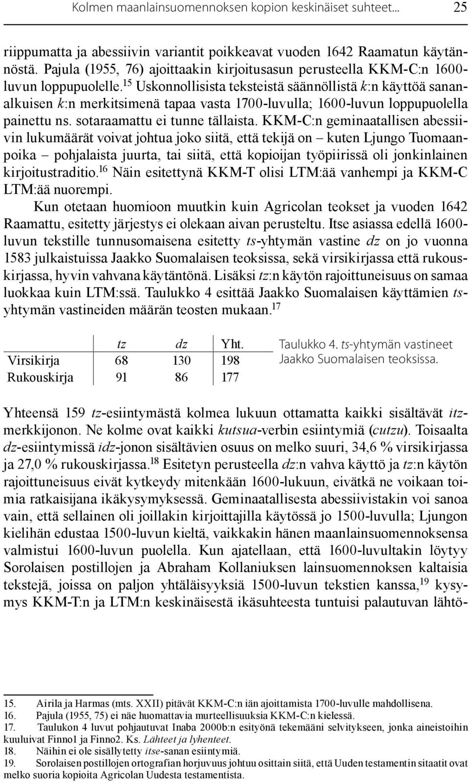 15 Uskonnollisista teksteistä säännöllistä k:n käyttöä sananalkuisen k:n merkitsimenä tapaa vasta 1700-luvulla; 1600-luvun loppupuolella painettu ns. sotaraamattu ei tunne tällaista.