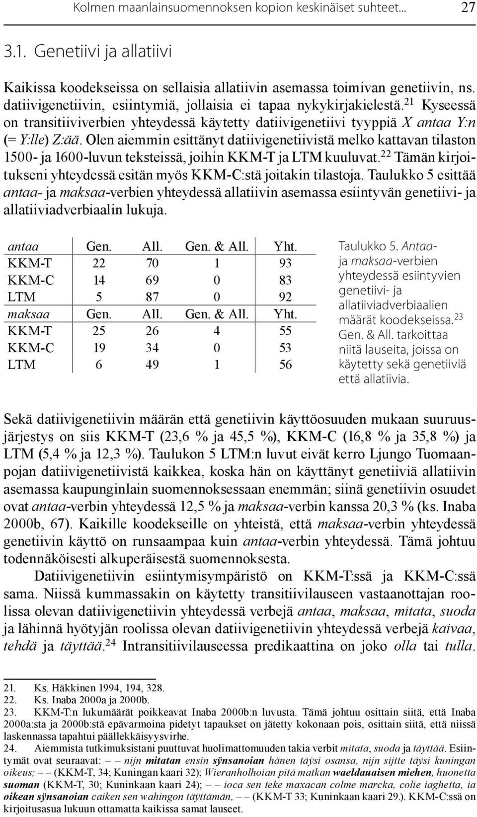 Olen aiemmin esittänyt datiivigenetiivistä melko kattavan tilaston 1500- ja 1600-luvun teksteissä, joihin KKM-T ja LTM kuuluvat.