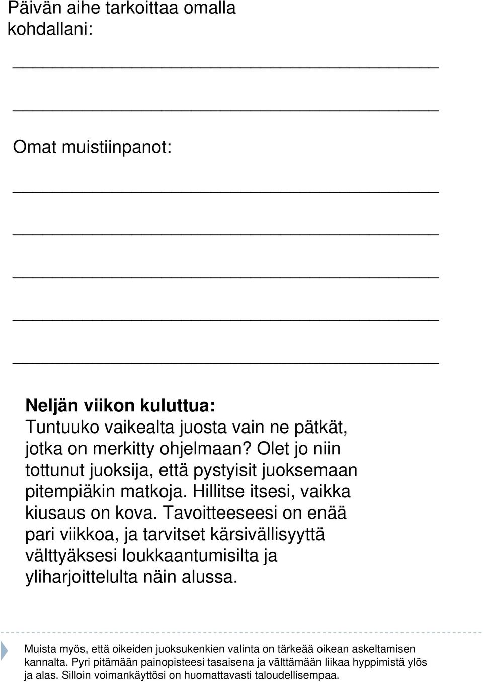 Tavoitteeseesi on enää pari viikkoa, ja tarvitset kärsivällisyyttä välttyäksesi loukkaantumisilta ja yliharjoittelulta näin alussa.