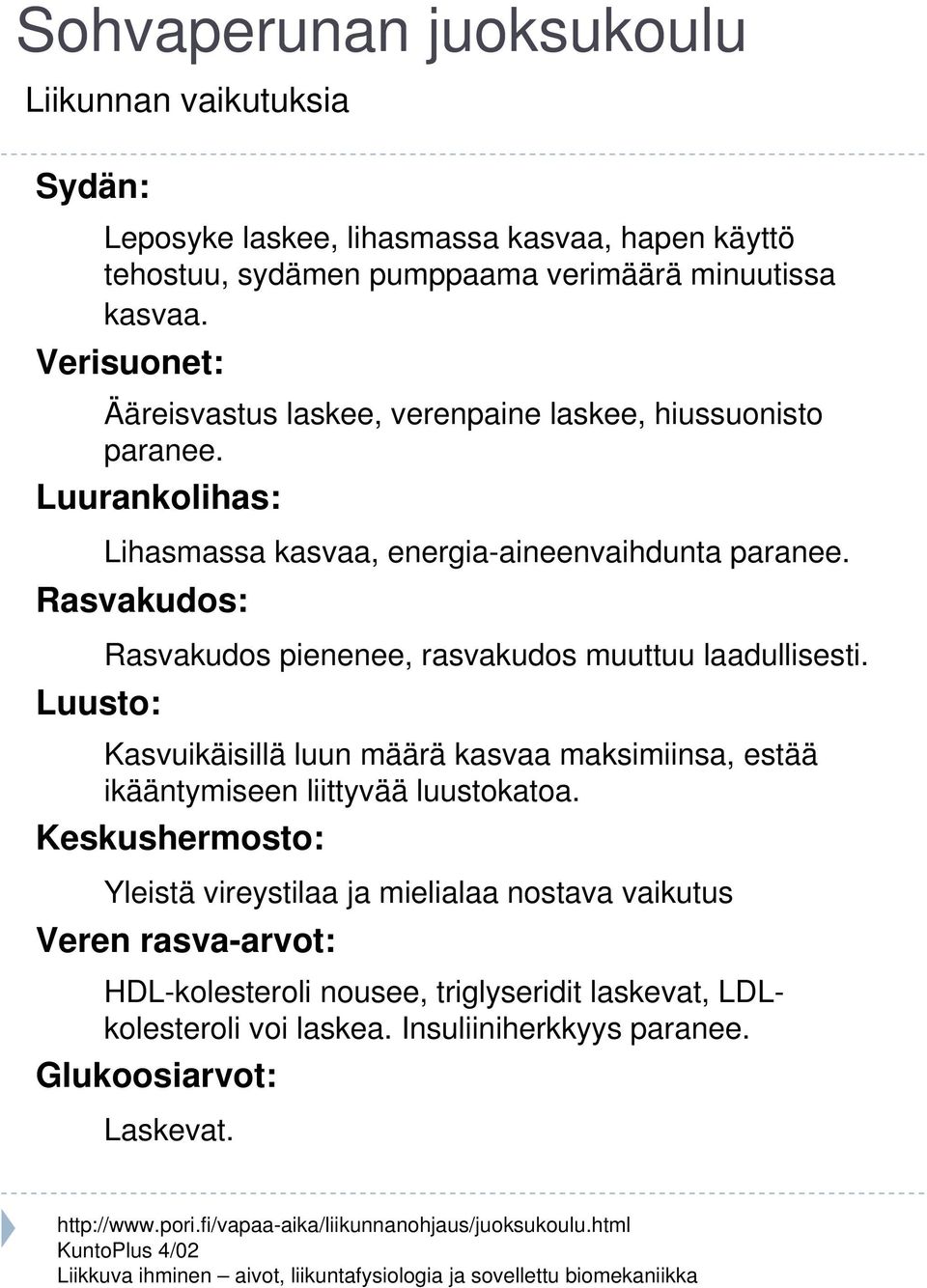 Rasvakudos: Rasvakudos pienenee, rasvakudos muuttuu laadullisesti. Luusto: Kasvuikäisillä luun määrä kasvaa maksimiinsa, estää ikääntymiseen liittyvää luustokatoa.