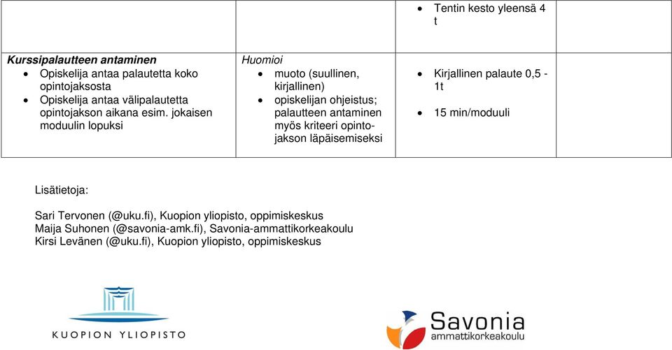 jokaisen moduulin lopuksi muoto (suullinen, kirjallinen) opiskelijan ohjeistus; palautteen antaminen myös kriteeri opintojakson