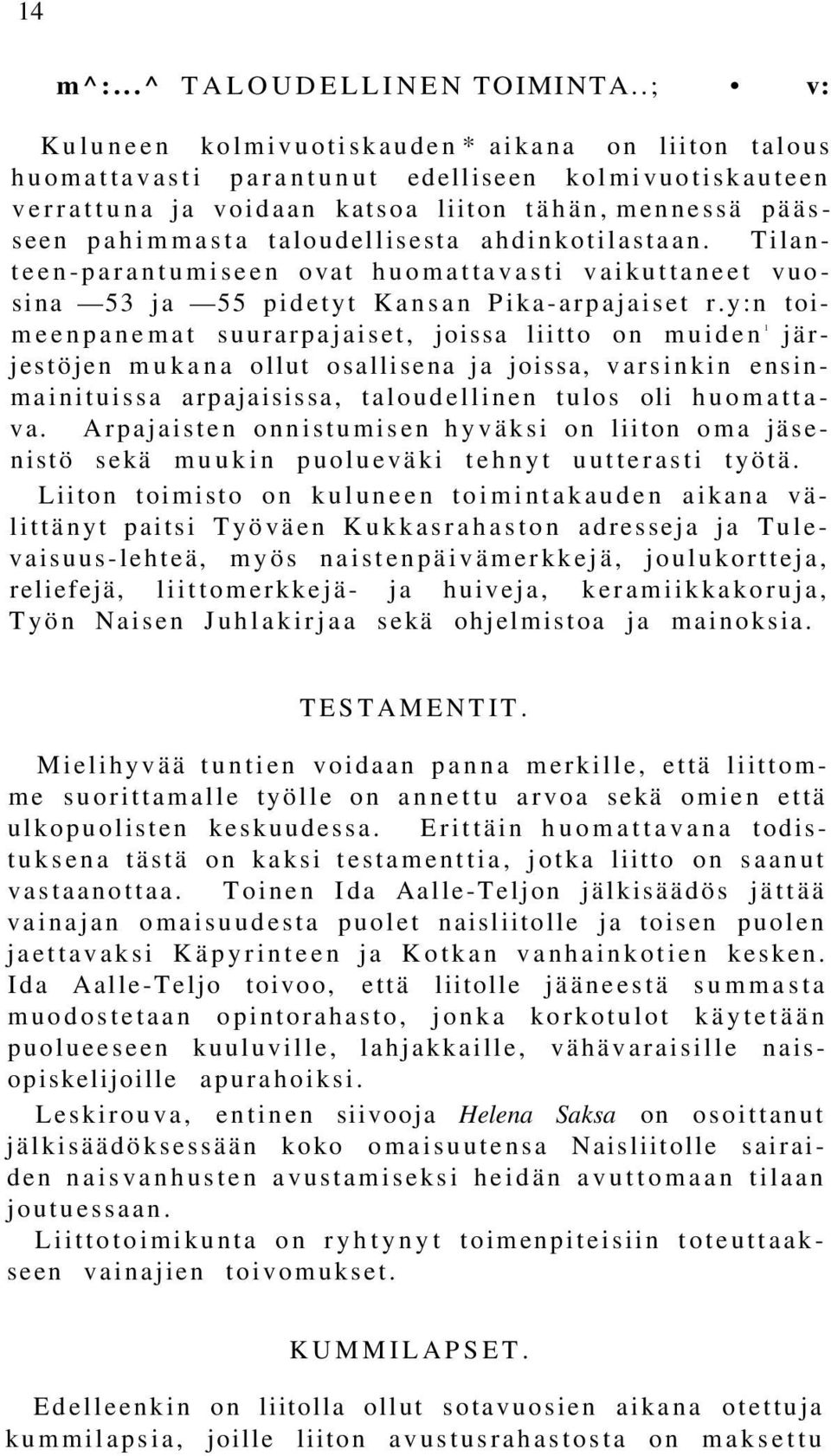 taloudellisesta ahdinkotilastaan. Tilanteen-parantumiseen ovat huomattavasti vaikuttaneet vuosina 53 ja 55 pidetyt Kansan Pika-arpajaiset r.