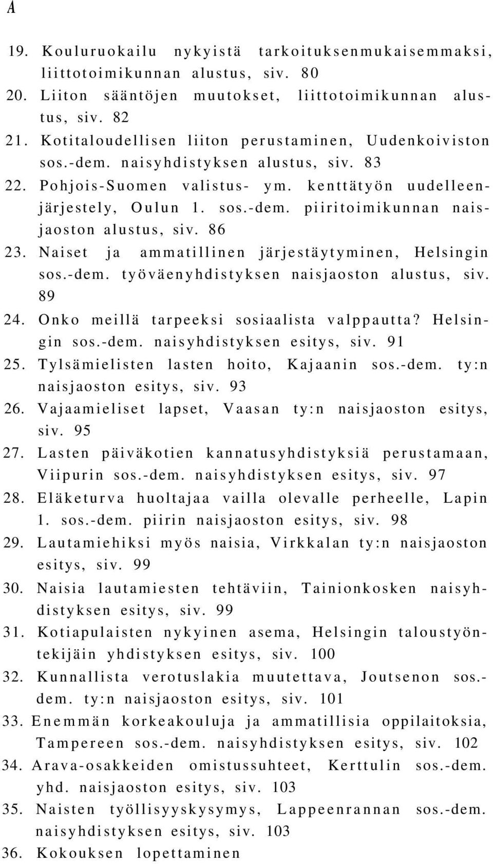 86 23. Naiset ja ammatillinen järjestäytyminen, Helsingin sos.-dem. työväenyhdistyksen naisjaoston alustus, siv. 89 24. Onko meillä tarpeeksi sosiaalista valppautta? Helsingin sos.-dem. naisyhdistyksen esitys, siv.