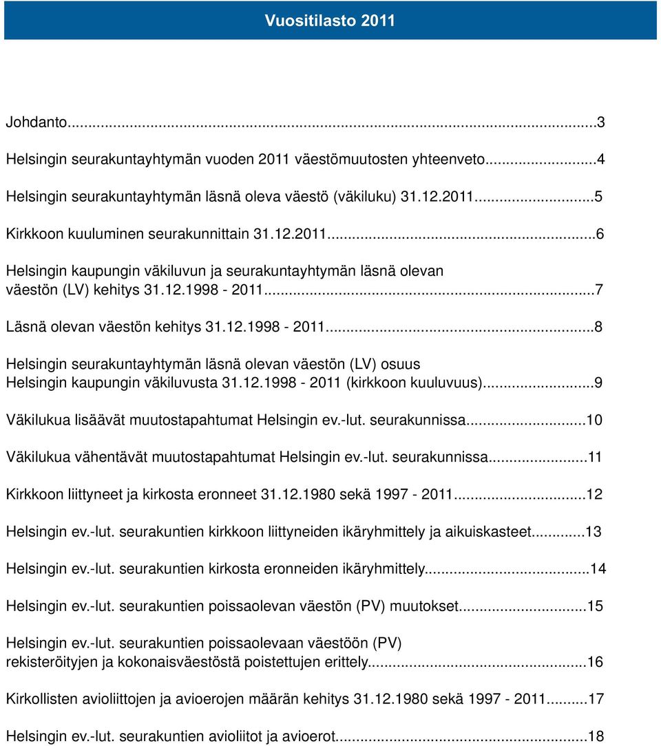 ..7 Läsnä olevan väestön kehitys 31.12.1998-2011...8 Helsingin seurakuntayhtymän läsnä olevan väestön (LV) osuus Helsingin kaupungin väkiluvusta 31.12.1998-2011 (kirkkoon kuuluvuus).