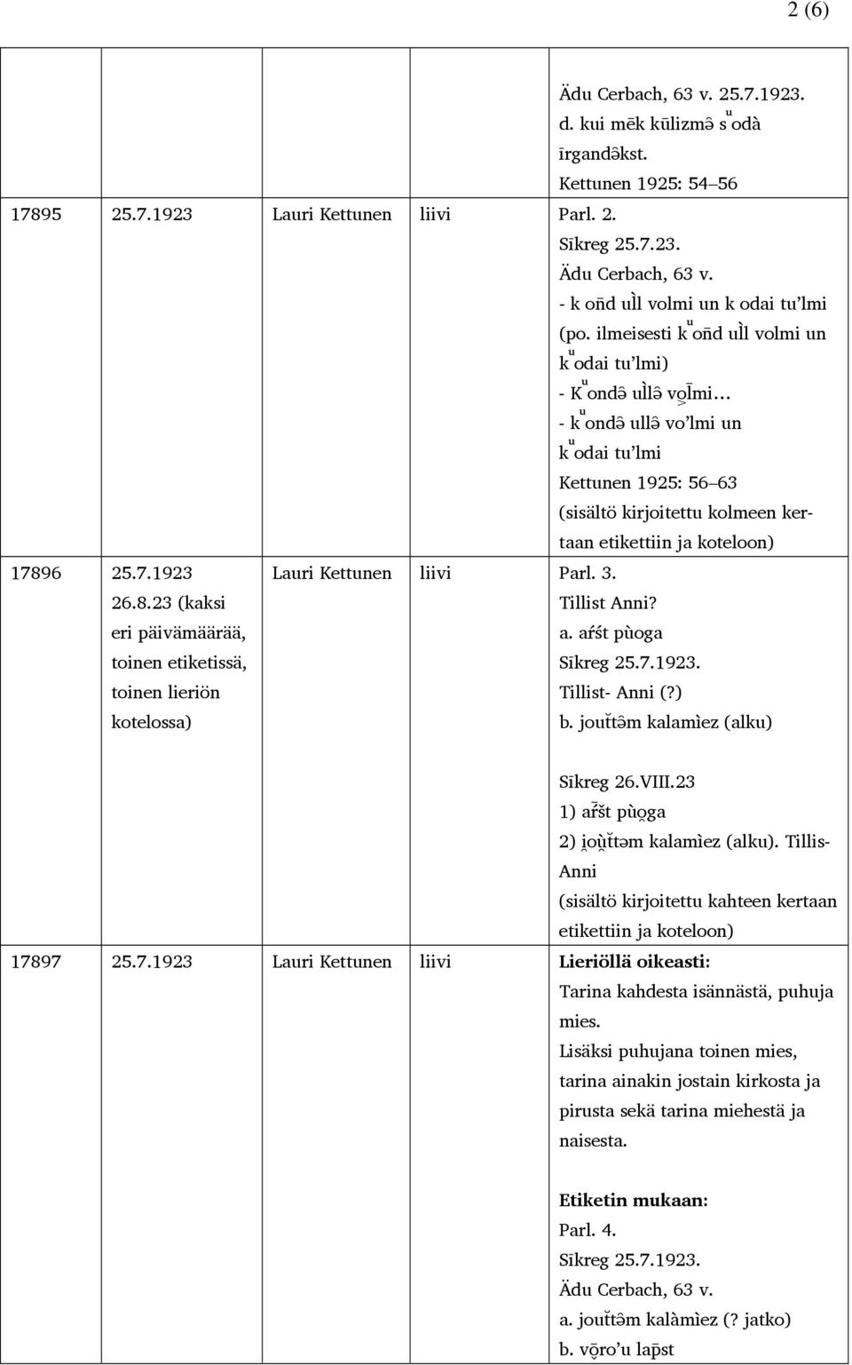 6 25.7.1923 26.8.23 (kaksi eri päivämäärää, toinen etiketissä, toinen lieriön kotelossa) Lauri Kettunen liivi Parl. 3. Tillist Anni? a. aŕśt pùoga Sīkreg 25.7.1923. Tillist- Anni (?) b.